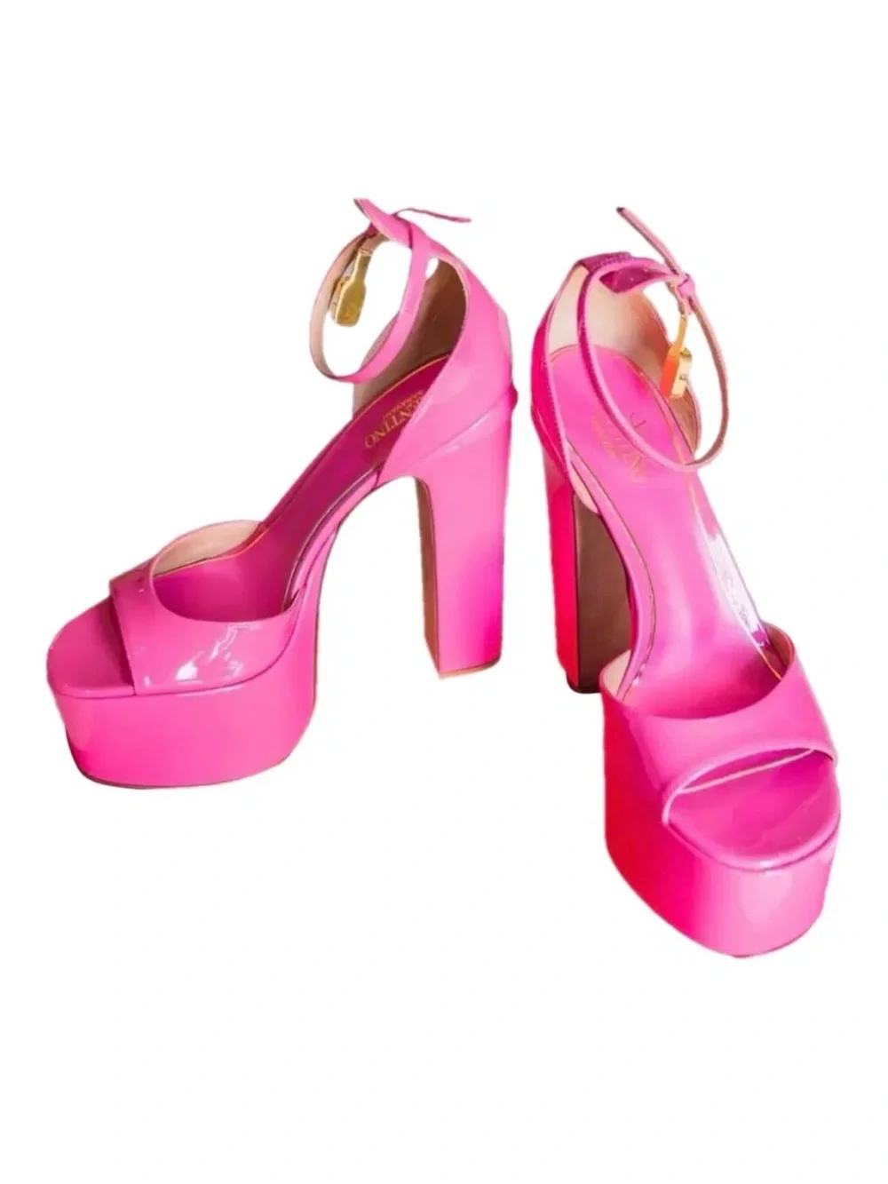 Valentino Hot Pink Patent Platform Sandals with Ankle Strap